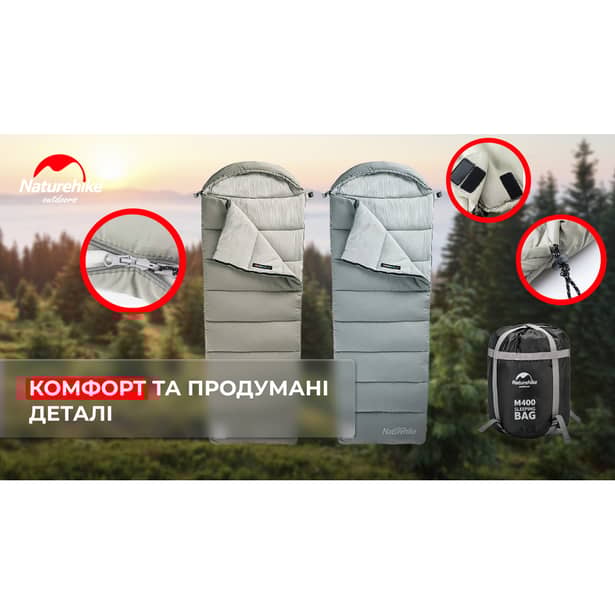 8 - Спальник з капюшоном Naturehike M400 NH20MSD02, (1°C), лівий, зелений