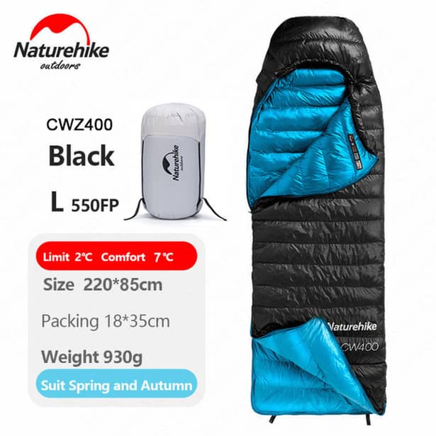 2 - Спальник з натуральним пухом Naturehike CW400 NH18C400-D, p-р L, чорно-блакитний