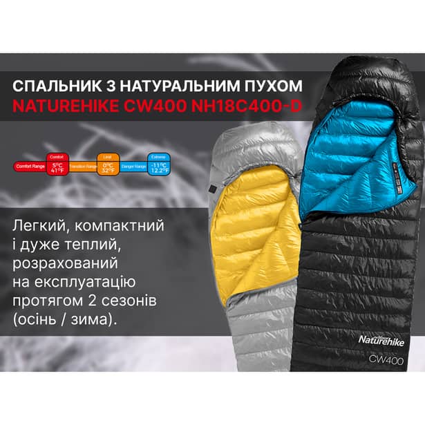 10 - Спальник з натуральним пухом Naturehike CW400 NH18C400-D, p-р L, чорно-блакитний