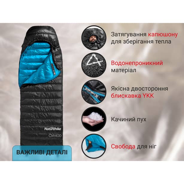 12 - Спальник з натуральним пухом Naturehike CW400 NH18C400-D, p-р L, чорно-блакитний