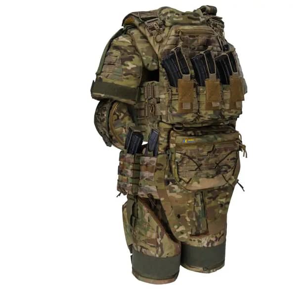 5 - Плитоноска BOGUNKA в максимальной комплектации: баллистическая защита шеи, плеч, боковин, паха, фартука, пояса и ног. Цвет Мультикам