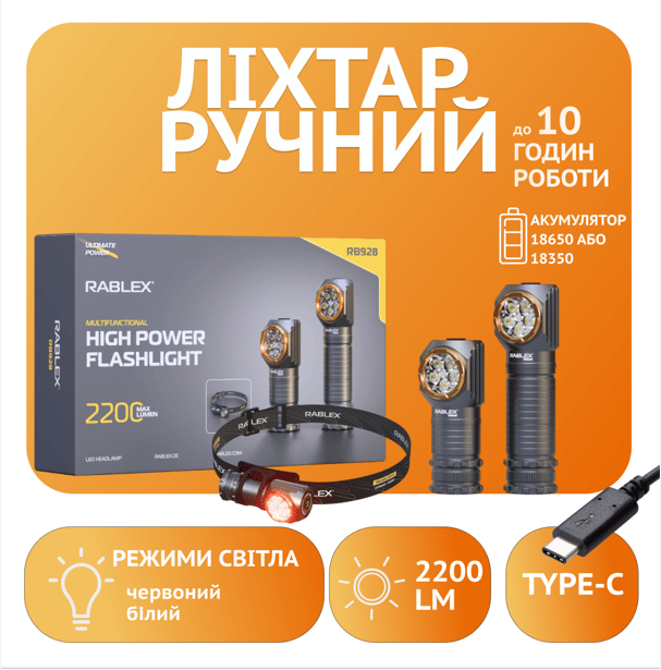 4 - Ліхтар ручний Rablex RB928 з кріпленням на голову (білий+червоний)