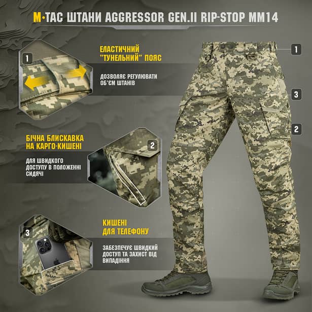 6 - Штаны M-Tac Aggressor Gen.II рип-стоп. Пиксель