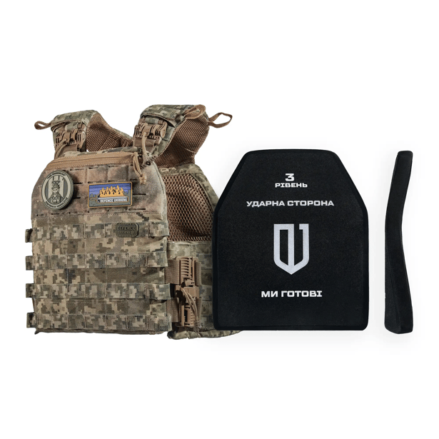 1 - Бронежилет 3-го класу (TUR PRO Gen 1). Вага 3.7 кг. З системою швидкого скидання. Molle. З боковими карманами. Колір Піксель.